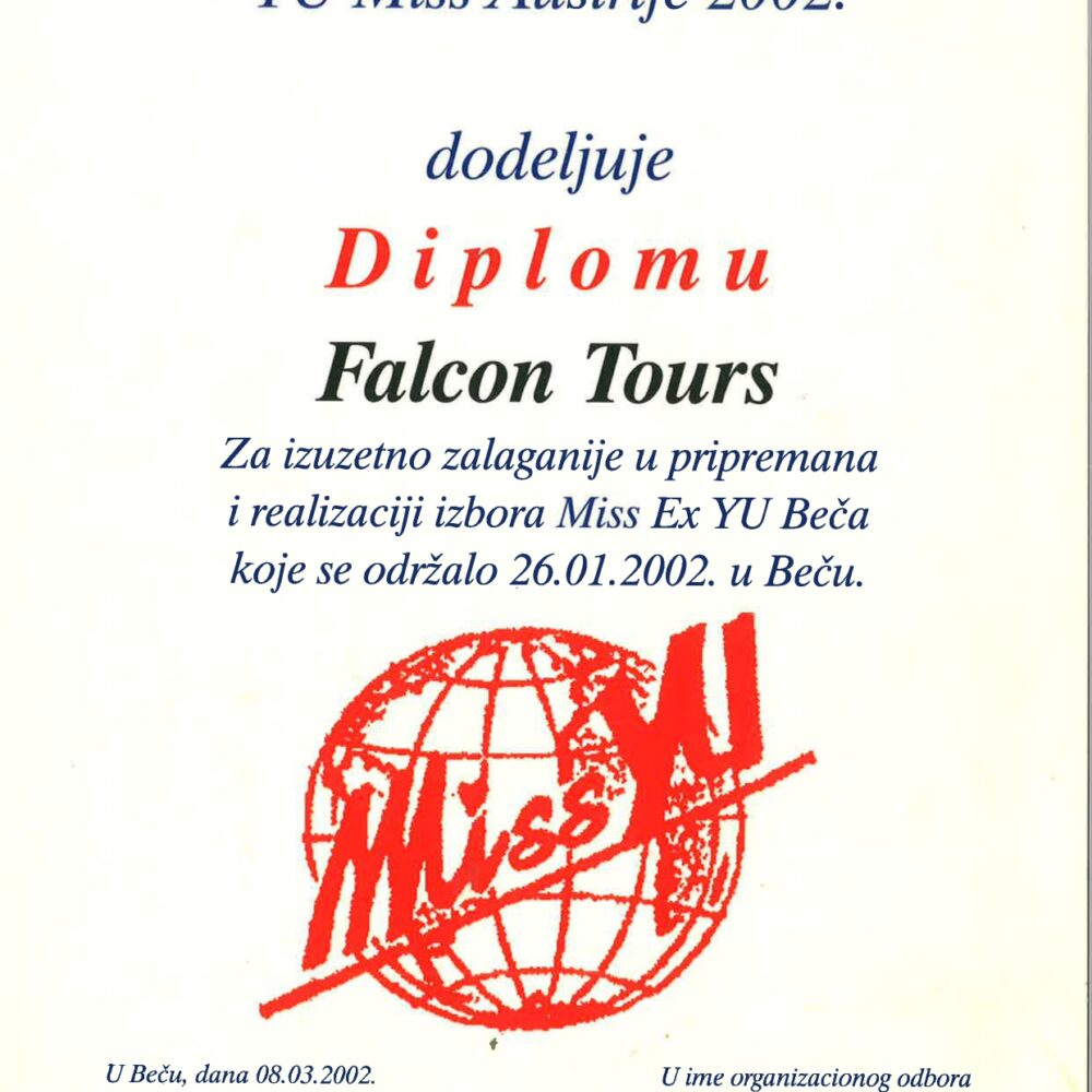 Zoran Kalabic Award for supporting YU Miss Austria 2002 with Falcon Tours