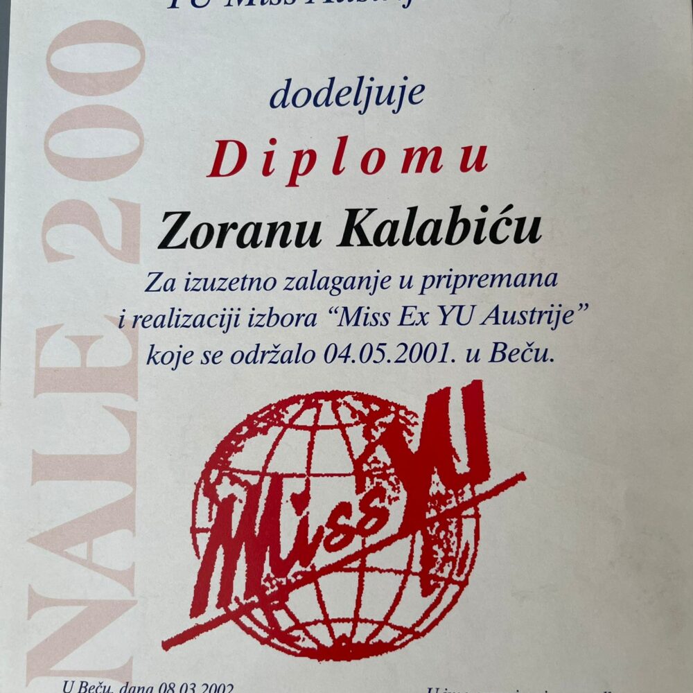 Zoran Kalabic Award from Miss Ex YU Austria 2001