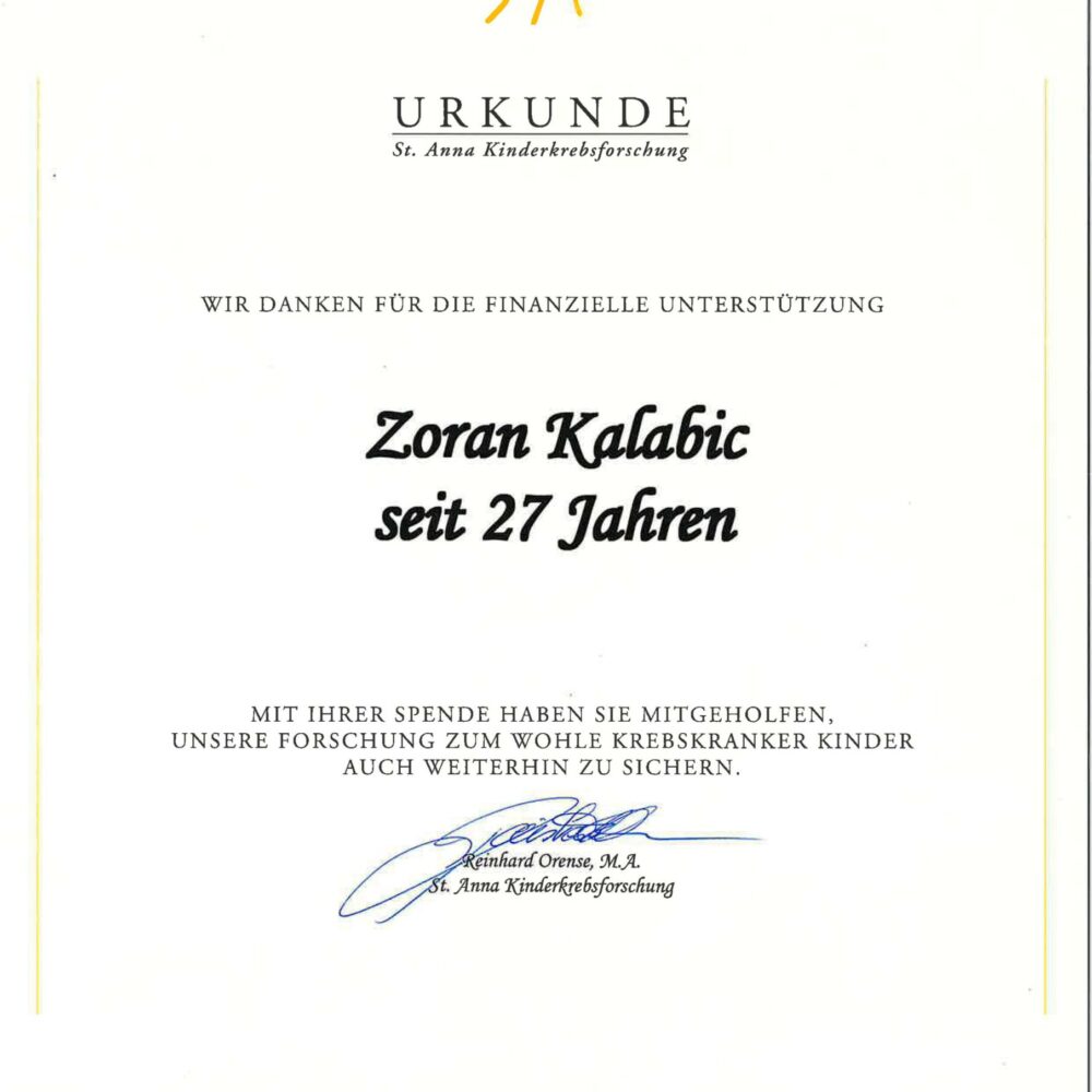 JUNE 2024 | Certificate of the St. Anna Kinderspital for 27 years of financial support!